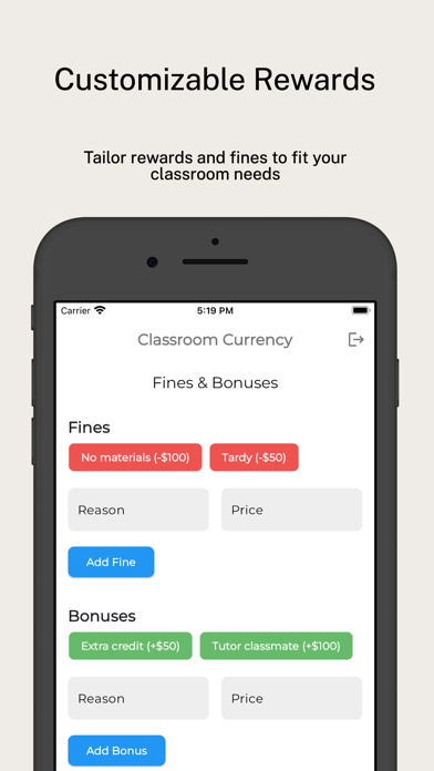 Classroom Currency fines and bonuses setup screen