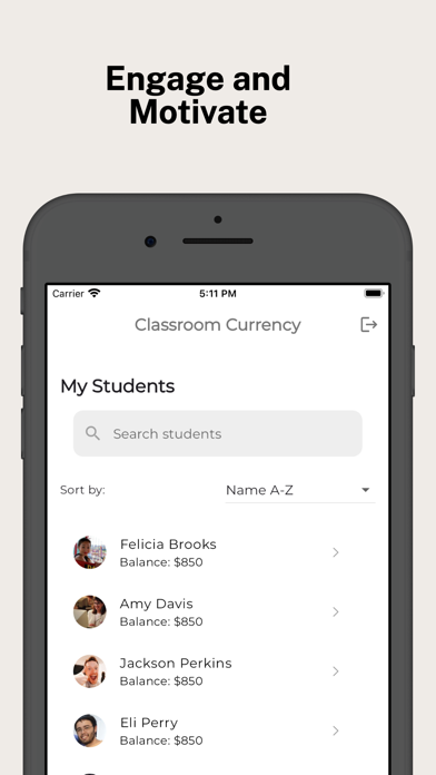 Classroom Currency teacher student list with searchable balances