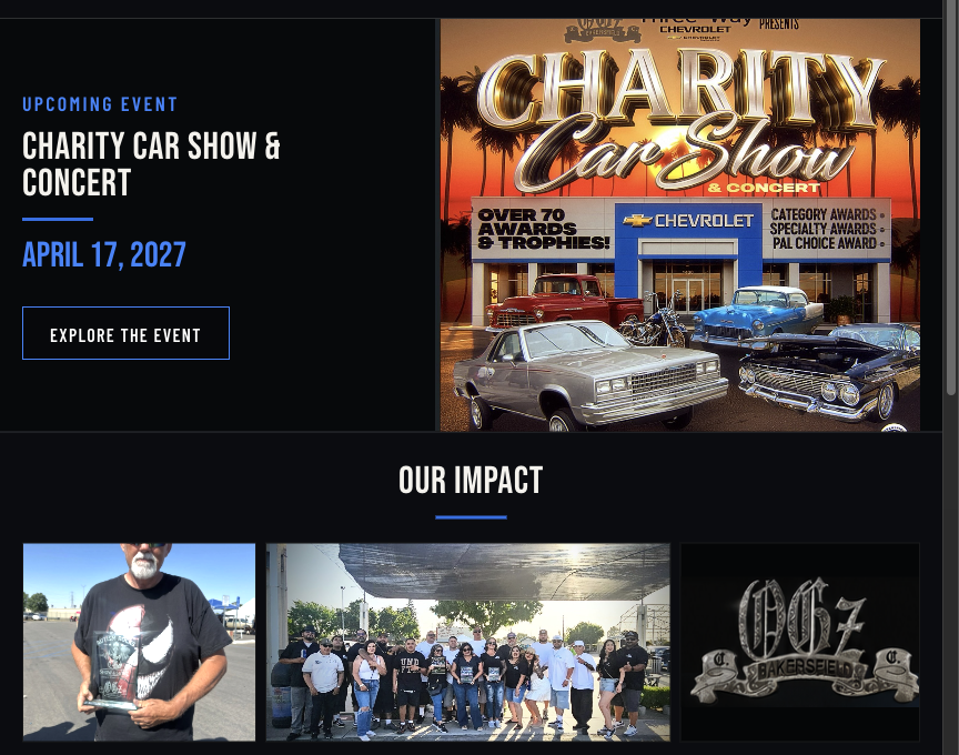OG’z C.C. Inc. website showing the upcoming charity car show and community impact section