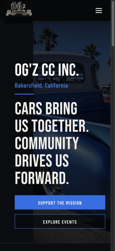 OG’z C.C. Inc. website on a mobile viewport with stacked support and event actions