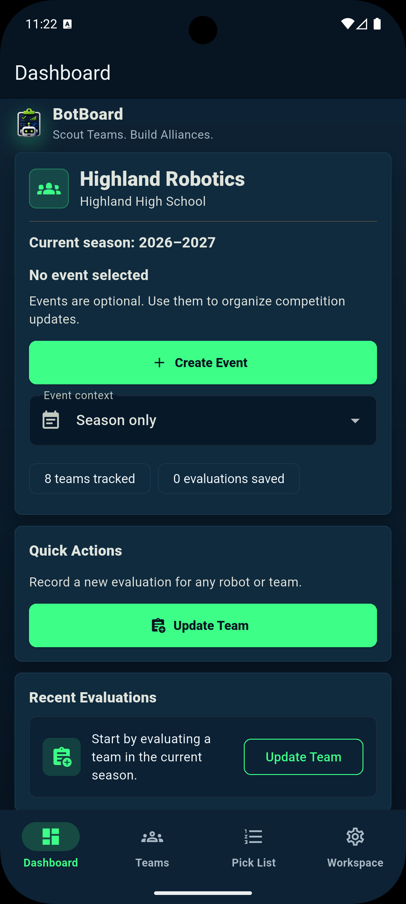 BotBoard dashboard showing a robotics season workspace, tracked teams, and evaluation actions